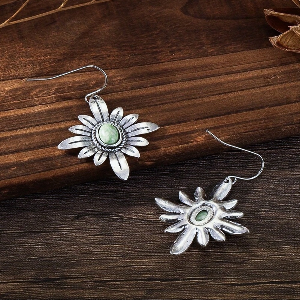 Antiqued Silver Flowers w/Green Stone Earrings - Picture 3 of 5